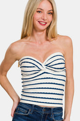 Zenana Twisted Sweetheart Neck Striped Tube Top Peacock Blue OutfitFlow