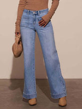 High Rise Front Pocket Patch Wide Leg Jeans Light OutfitFlow