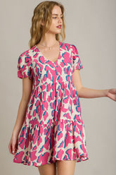 Umgee Full Size Abstract Print Pleat Detail Short Sleeve V-Neck Tiered Dress Plus Size CREAMMIX OutfitFlow