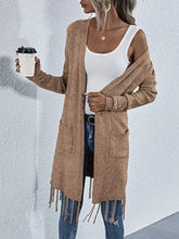 Open Front Fringe Longline Cardigan with Pockets Mocha OutfitFlow