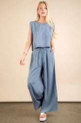 VERY J Solid Woven Top & Pants Set Denim OutfitFlow