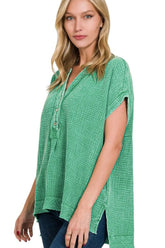 Zenana Washed Double Gauze 3/4 Button Henley Neck Shirt K GREEN OutfitFlow