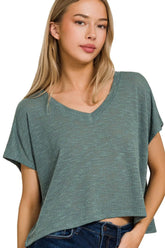 Zenana Hacci Slub V-neck Drop Shoulder Crop Top ASH JADE OutfitFlow