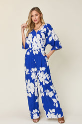 Double Take Full Size Printed Tie Back Wide Leg Jumpsuit Royal Blue OutfitFlow