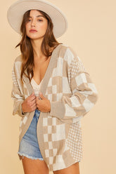 Annie Wear Checkered Open Front Drop Shoulder Cardigan Tan OutfitFlow