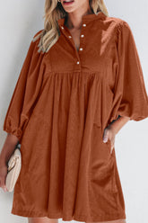 Corduroy Quarter Snap Three-Quarter Sleeve Dress Brown OutfitFlow