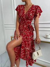 Floral Ruffle Sleeves Midi Dress Red OutfitFlow