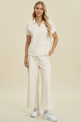 Double Take Full Size Collared Neck Short Sleeve Top and Pants Set Cream OutfitFlow