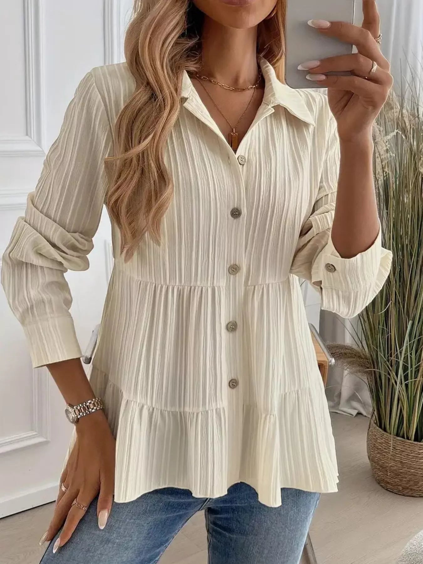 Button-Down Long Sleeve Tiered Shirt Cream OutfitFlow