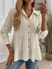 Button-Down Long Sleeve Tiered Shirt Cream OutfitFlow