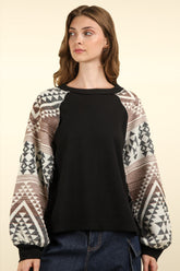 VERY J Printed Long Sleeve Round Neck Knit Top Black OutfitFlow