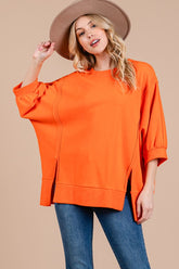 Ces Femme Side Slit Drop Shoulder Puff Sleeve Sweatshirt Orange OutfitFlow