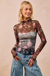 BiBi Flower Printed Mesh Lace Top with Thumb Opening BLACK ROSE OutfitFlow