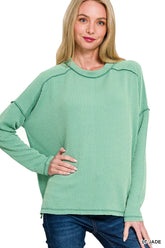 Zenana Exposed Seam Long Sleeve Corded Rib Knit Top LT JADE OutfitFlow