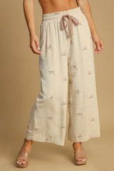 Umgee Full Size Lace Drawstring Embroidered Bow Wide Leg Pants Plus Size OATMEAL OutfitFlow