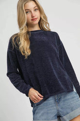Umgee Round Neck Long Sleeve Side Slit Top Navy OutfitFlow