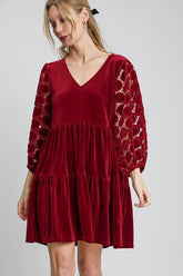 Umgee Dotted Lace Sleeve Tiered Velvet Mini Dress Burgundy OutfitFlow