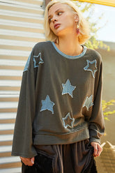 POL Exposed Seam Relaxed Fit Sweater with Star Denim Patch CHARCOAL OutfitFlow