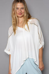 POL Oversize V-Neck Crochet Lace Contrast Studded Top Ivory OutfitFlow