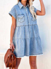 Raw Hem Short Sleeve Denim Dress Light Blue OutfitFlow