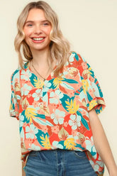 Haptics V Neck Drop Shoulder Hawaiian Woven Top Coral Light Blue OutfitFlow