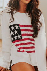 US Flag Side Slit Drop Shoulder Sweater White OutfitFlow