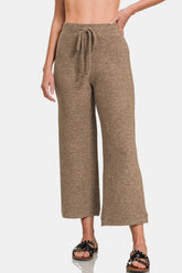 Zenana Drawstring Hacci Cropped Pants Mocha OutfitFlow