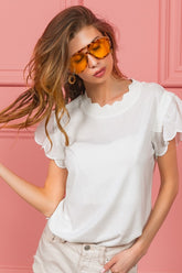 BiBi Scallop Edged Lace Trim Top Off White OutfitFlow