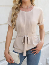 Tied Pleated Round Neck Short Sleeve Top Eggshell OutfitFlow