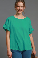 Umgee Full Size Raw Hem Ruffle Short Sleeve Blouse Plus Size Turquoise OutfitFlow