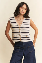 Davi & Dani Sleeveless Cropped Striped Sweater Knit Vest Top WHITE OutfitFlow