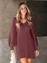 Perfee V-Neck Long Sleeve Sweater Dress Burgundy OutfitFlow