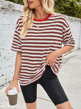 Lovelet Striped Round Neck Half Sleeve T-Shirt Brown OutfitFlow