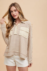 Annie Wear Striped Button Detail Long Sleeve Polo Top Taupe combo OutfitFlow