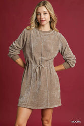 Umgee Velour Drawstring Mini Dress with Long Sleeves MOCHA OutfitFlow