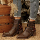 Point Toe Buckle Strap Ankle Boots with Block Heels Dark Brown Trendsi