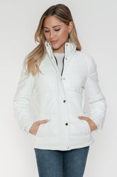 YMI Pocketed Zip Up Turtleneck Puffer Jacket White OutfitFlow