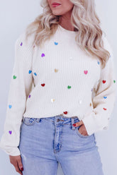 Heart Sequin Round Neck Long Sleeve Sweater White OutfitFlow