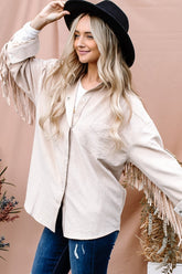 And The Why Full Size Fringe Back Detailed Button Down Jacket Beige OutfitFlow
