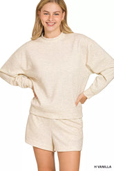 Zenana Scuba Long Sleeve Sweatshirt and Shorts Set H VANILLA OutfitFlow
