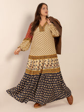 Plus Size Printed V-Neck Long Sleeve Maxi Dress Pastel Yellow OutfitFlow