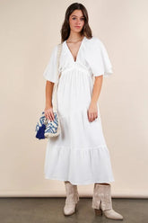 VERY J Mineral Washed Elastic Neck Detail Midi Dress White OutfitFlow