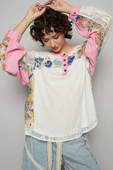 POL Button Detail Floral Patchwork Crochet Sleeve Blouse White OutfitFlow