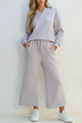 Textured Long Sleeve Top and Drawstring Pants Set Gray OutfitFlow