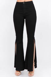American Bazi Side Slit Flare Jeans Black OutfitFlow
