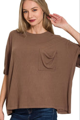 Zenana Oversized Ribbed Round Neck Short Sleeve Tee BROWN OutfitFlow