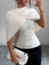 Ruched Mock Neck Shawl Half Sleeve Top Apricot OutfitFlow