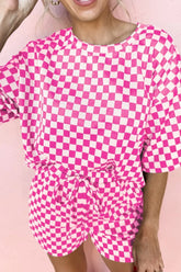 Checkered Round Neck Top and Shorts Two-Piece Set Fuchsia Pink OutfitFlow