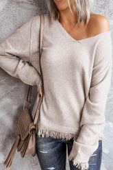 Exposed Seam Fringe Hem V-Neck Long Sleeve Sweater Eggshell OutfitFlow