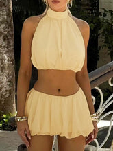 Button Back Halter Crop Top and Shorts Set Light Yellow OutfitFlow